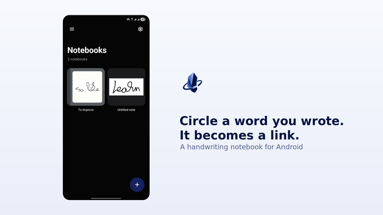 Obsilide on an Android tablet: a handwritten page with one circled phrase highlighted as a link.